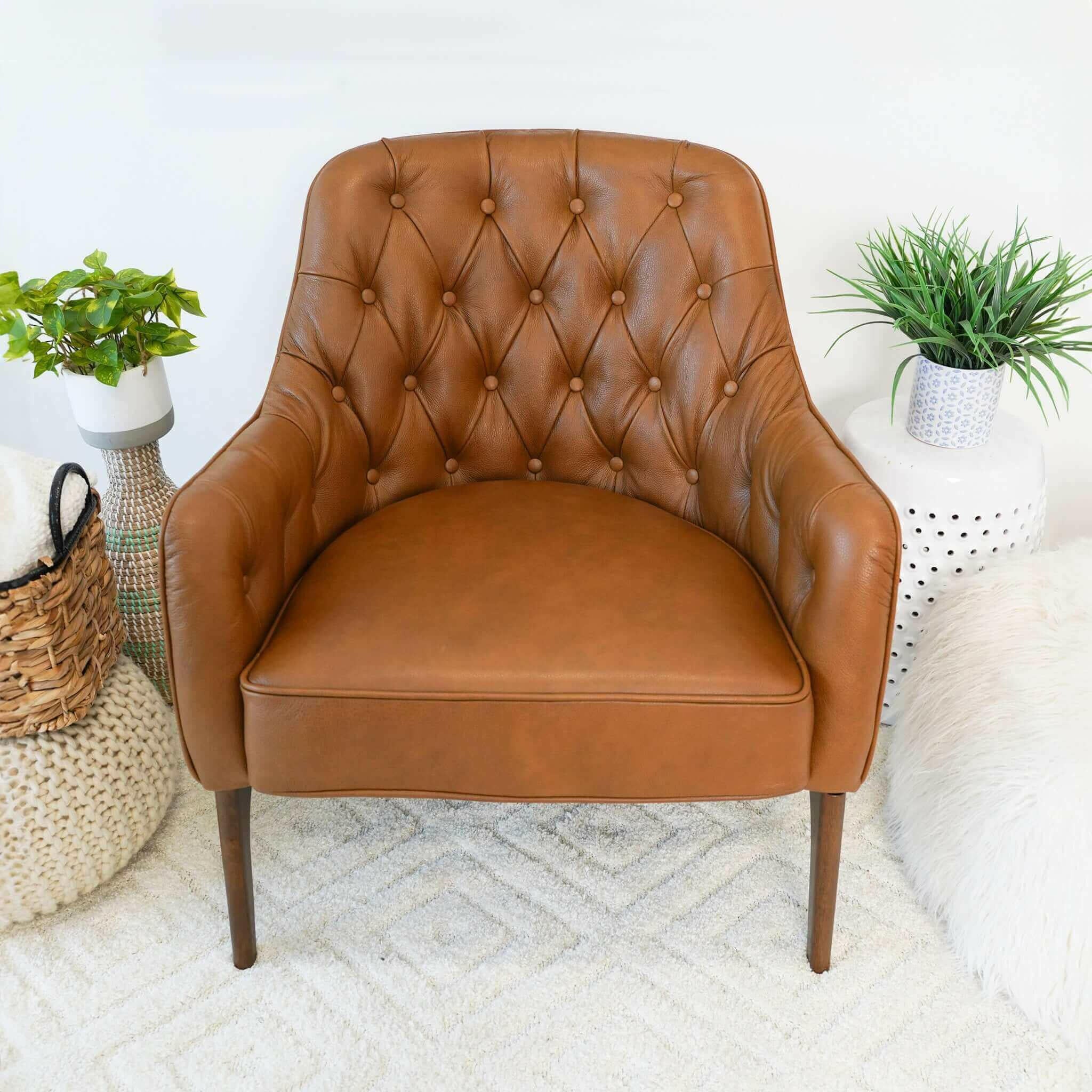 Joshua Tufted Tan Leather Lounge Chair.