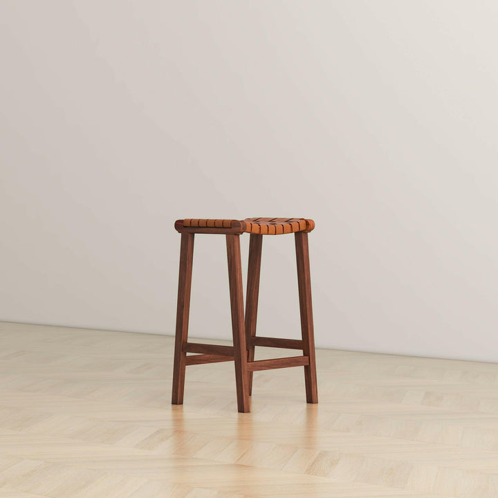 James Mid-Century Modern Genuine Tan Leather 24.5" Counter Stool.