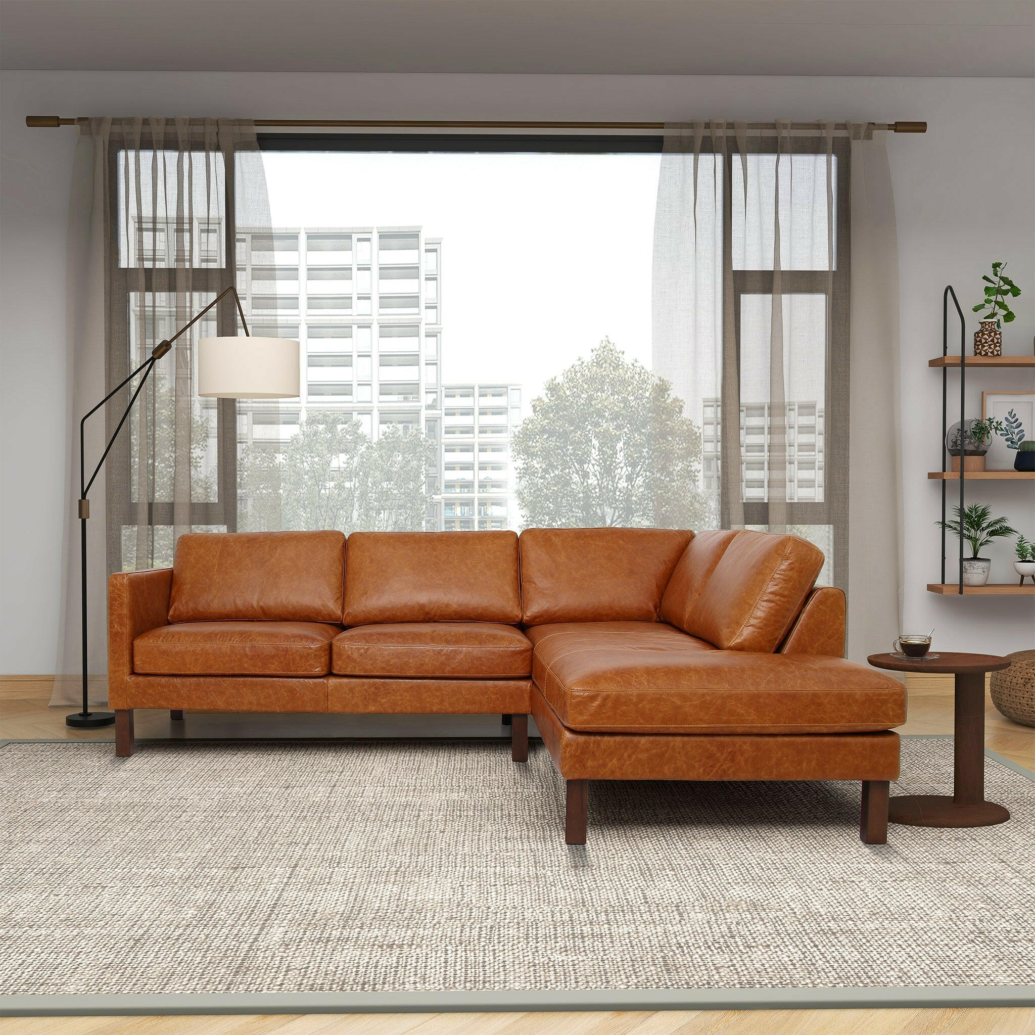 Juno Sectional Right Waxy Cognac Leather Sofa.