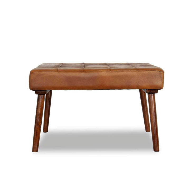 Mark Mid-Century Tufted Square Genuine Leather Upholstered Ottoman In Tan.