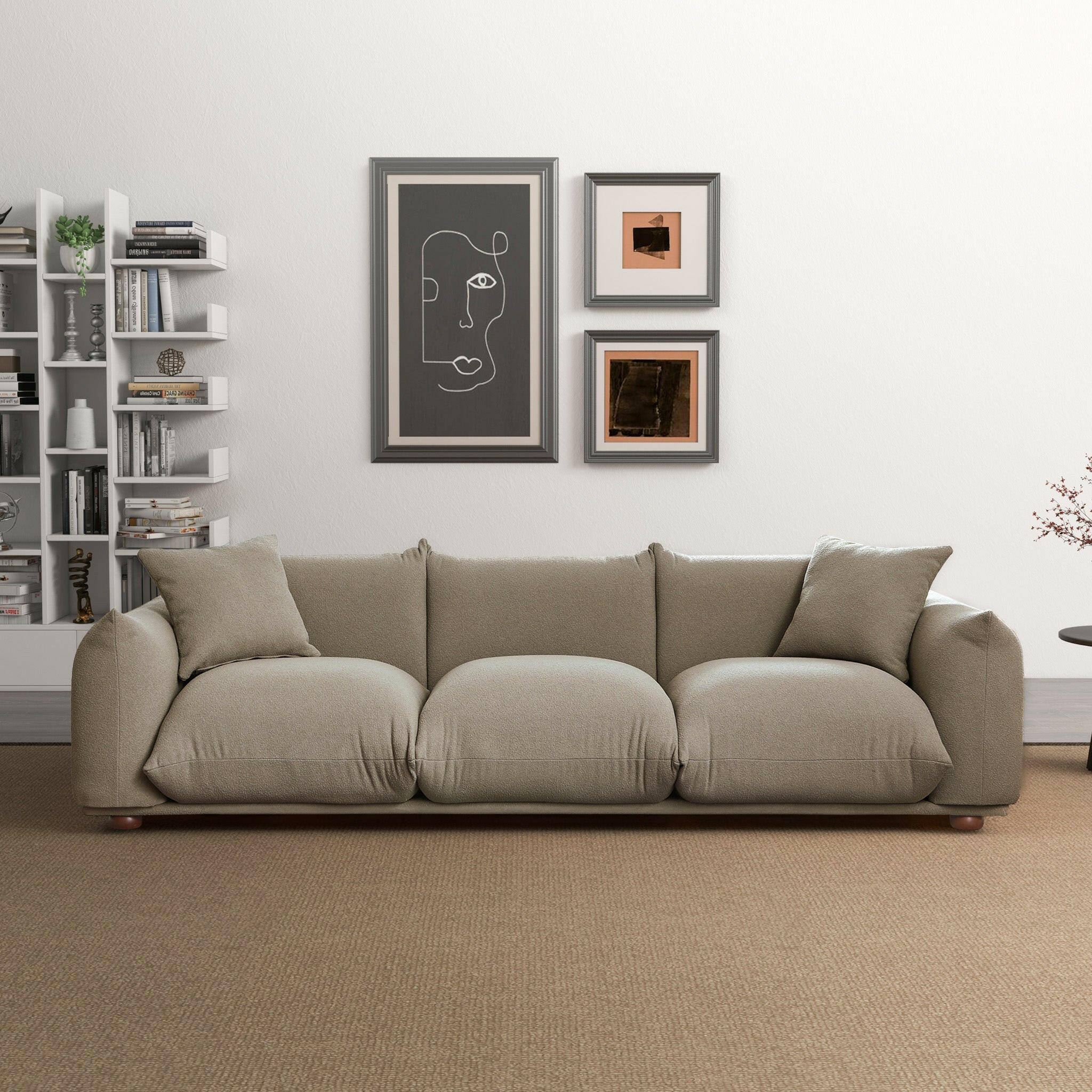 Kelly 100" Mocha Boucle Upholstered Sofa.