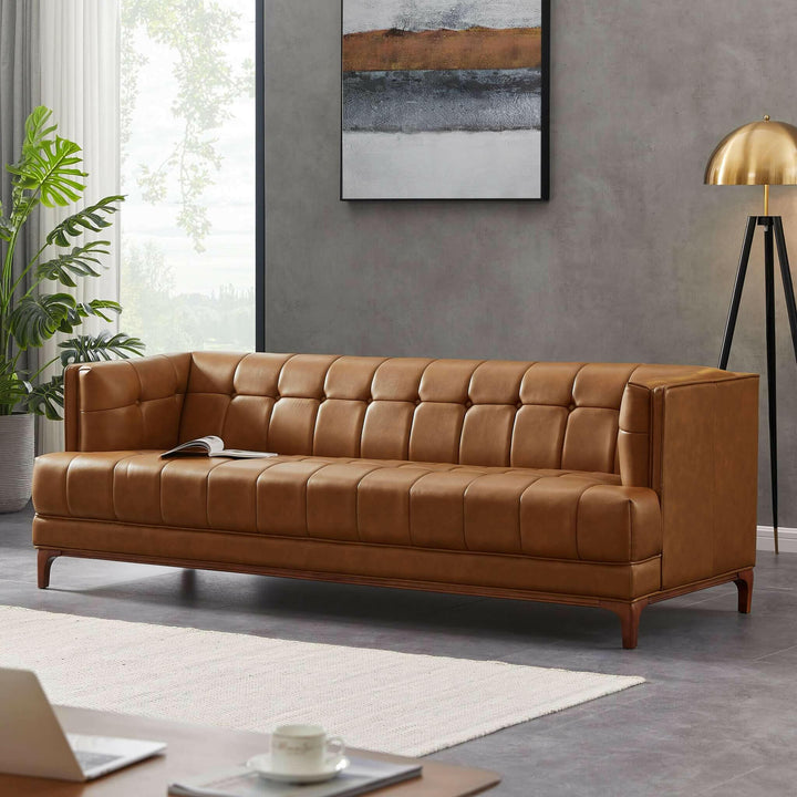 Mara Tufted Cognac Leather Sofa.