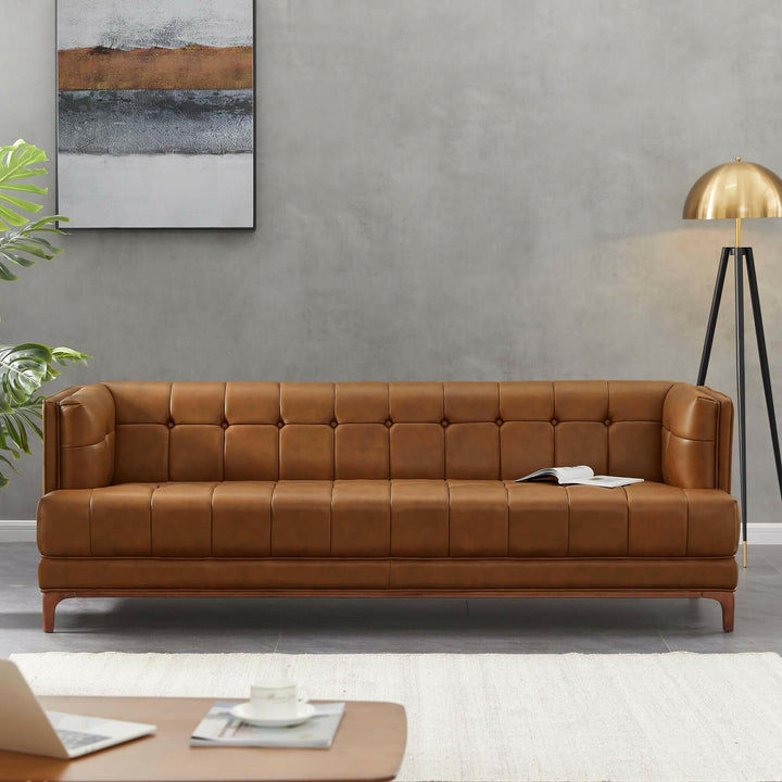 Mara Tufted Cognac Leather Sofa.