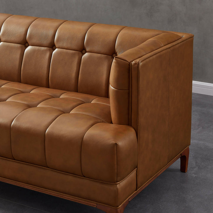 Mara Tufted Cognac Leather Sofa.