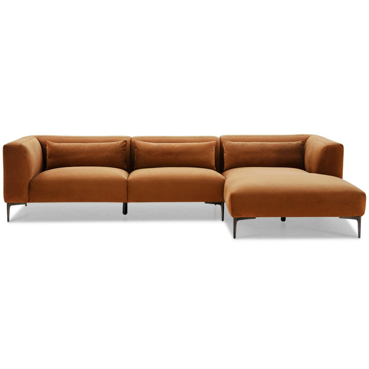 Laley Right-Facing L-Shaped Velvet Sectional in Burnt Orange.