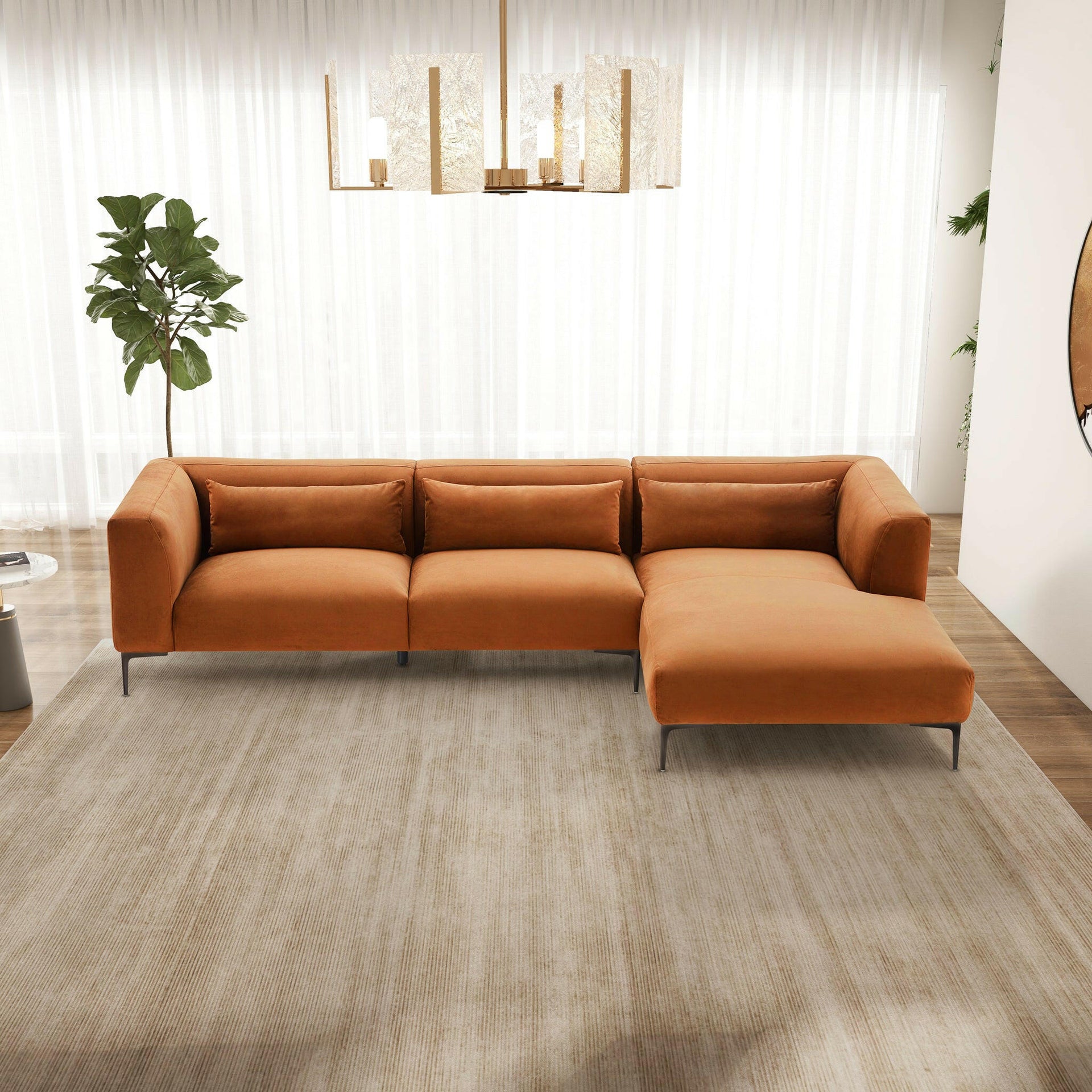 Laley Right-Facing L-Shaped Velvet Sectional in Burnt Orange.