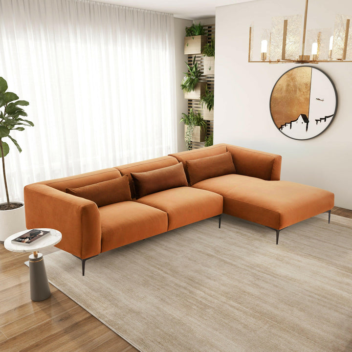 Laley Right-Facing L-Shaped Velvet Sectional in Burnt Orange.