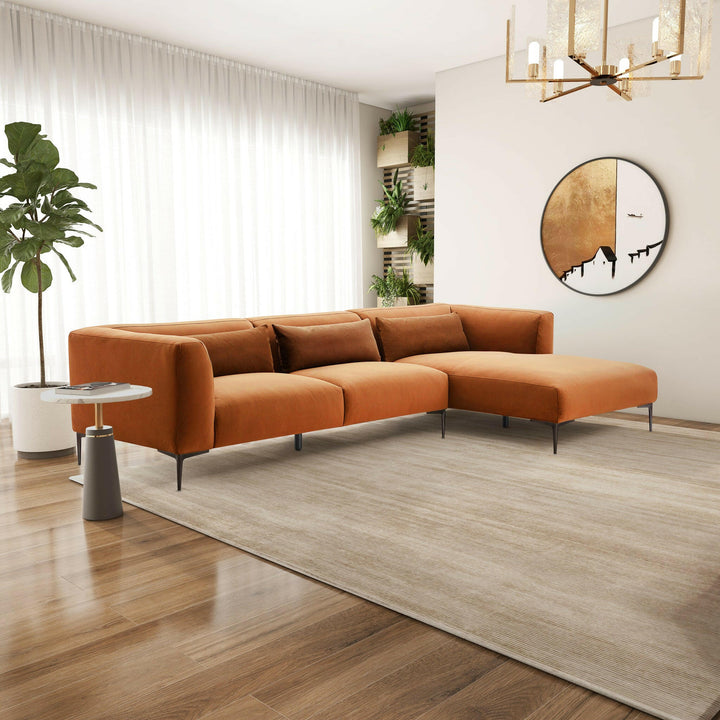 Laley Right-Facing L-Shaped Velvet Sectional in Burnt Orange.