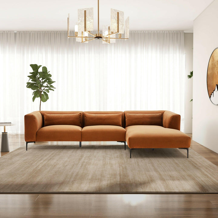 Laley Right-Facing L-Shaped Velvet Sectional in Burnt Orange.