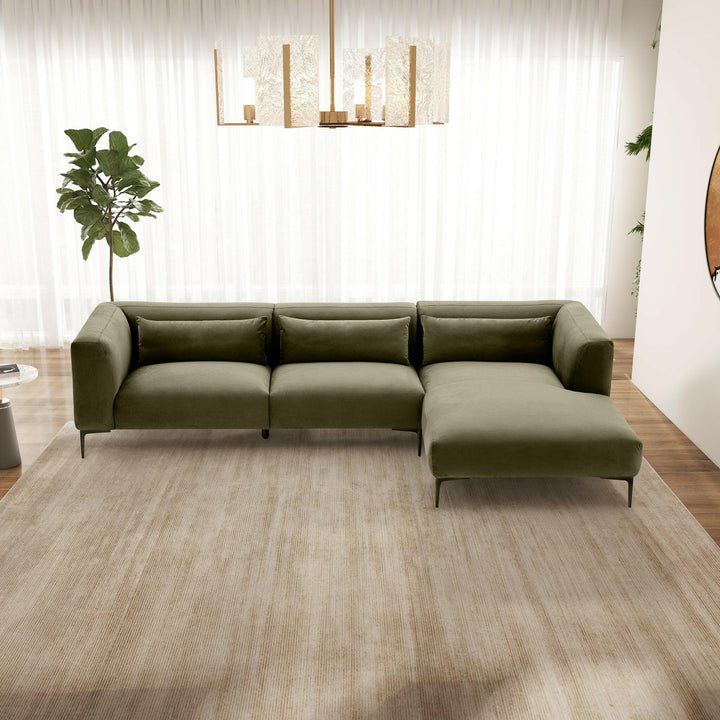 Laley Right-Facing L-Shaped Velvet Sectional in Green.