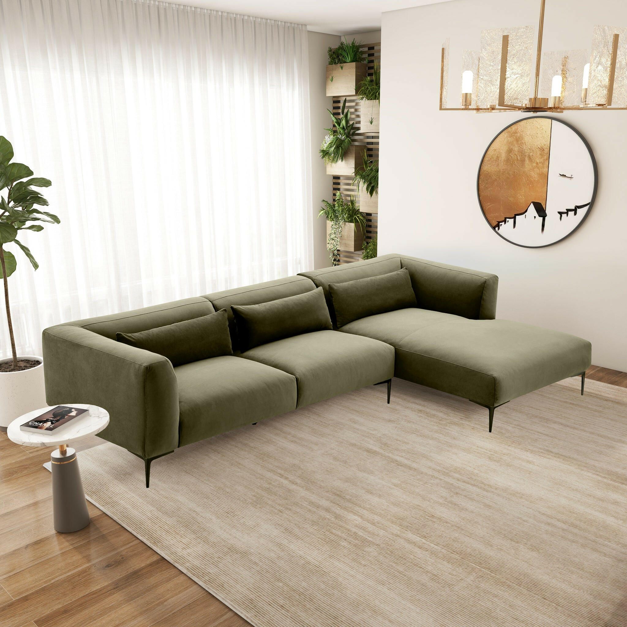 Laley Right-Facing L-Shaped Velvet Sectional in Green.