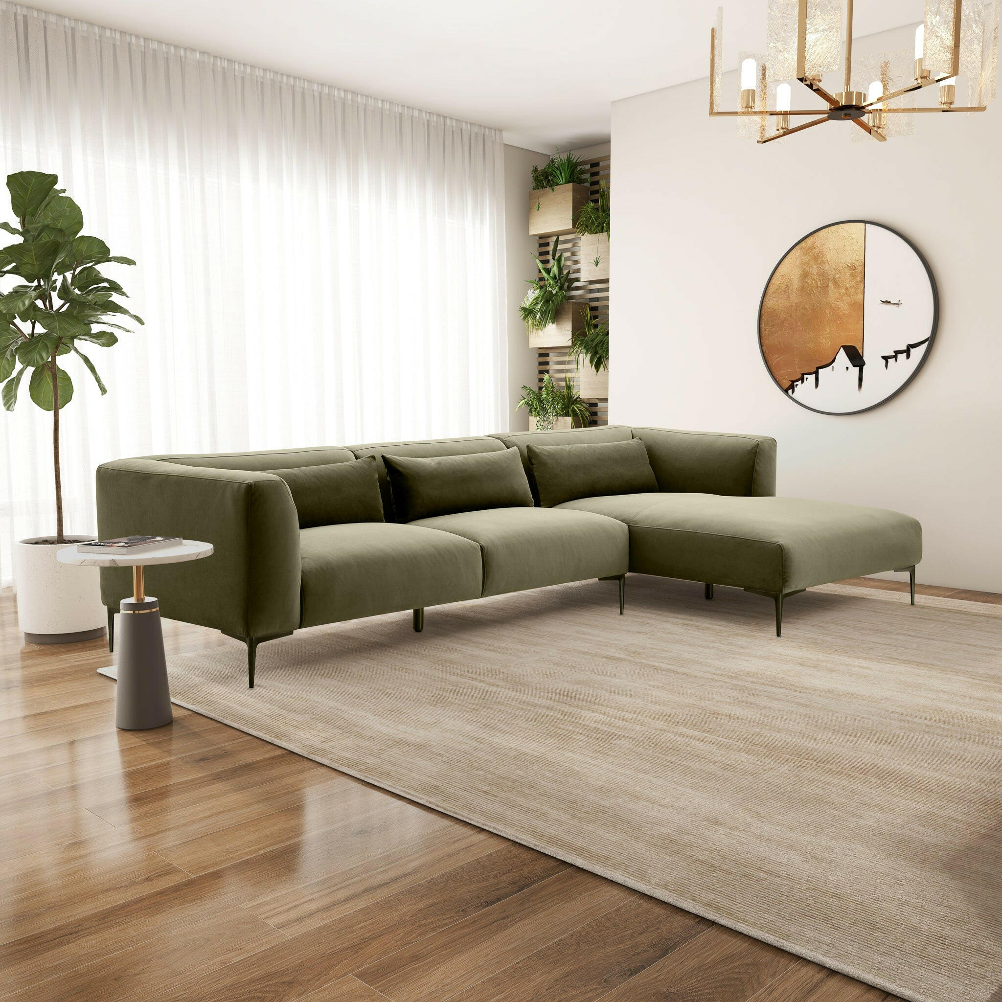 Laley Right-Facing L-Shaped Velvet Sectional in Green.