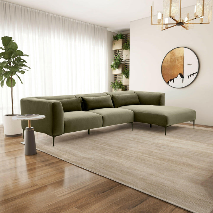 Laley Right-Facing L-Shaped Velvet Sectional in Green.