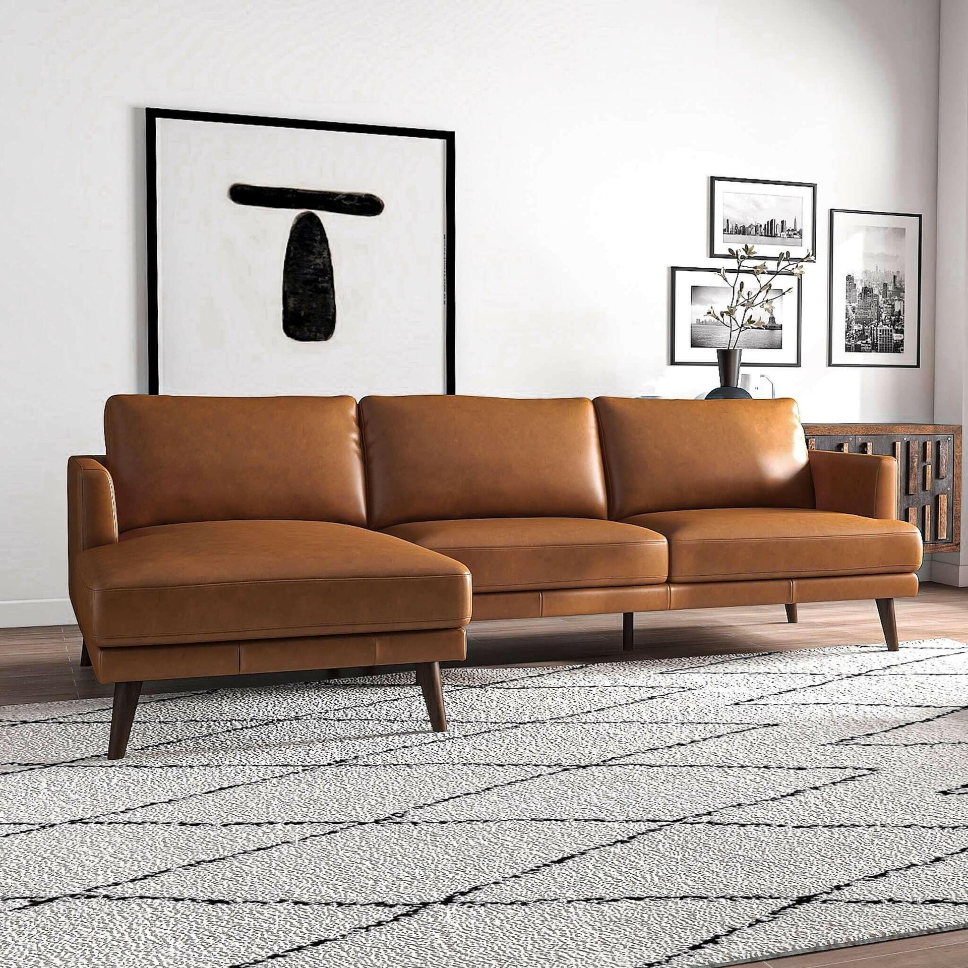 Lore L-Shaped Genuine Leather Sectional In Tan (Left Facing).