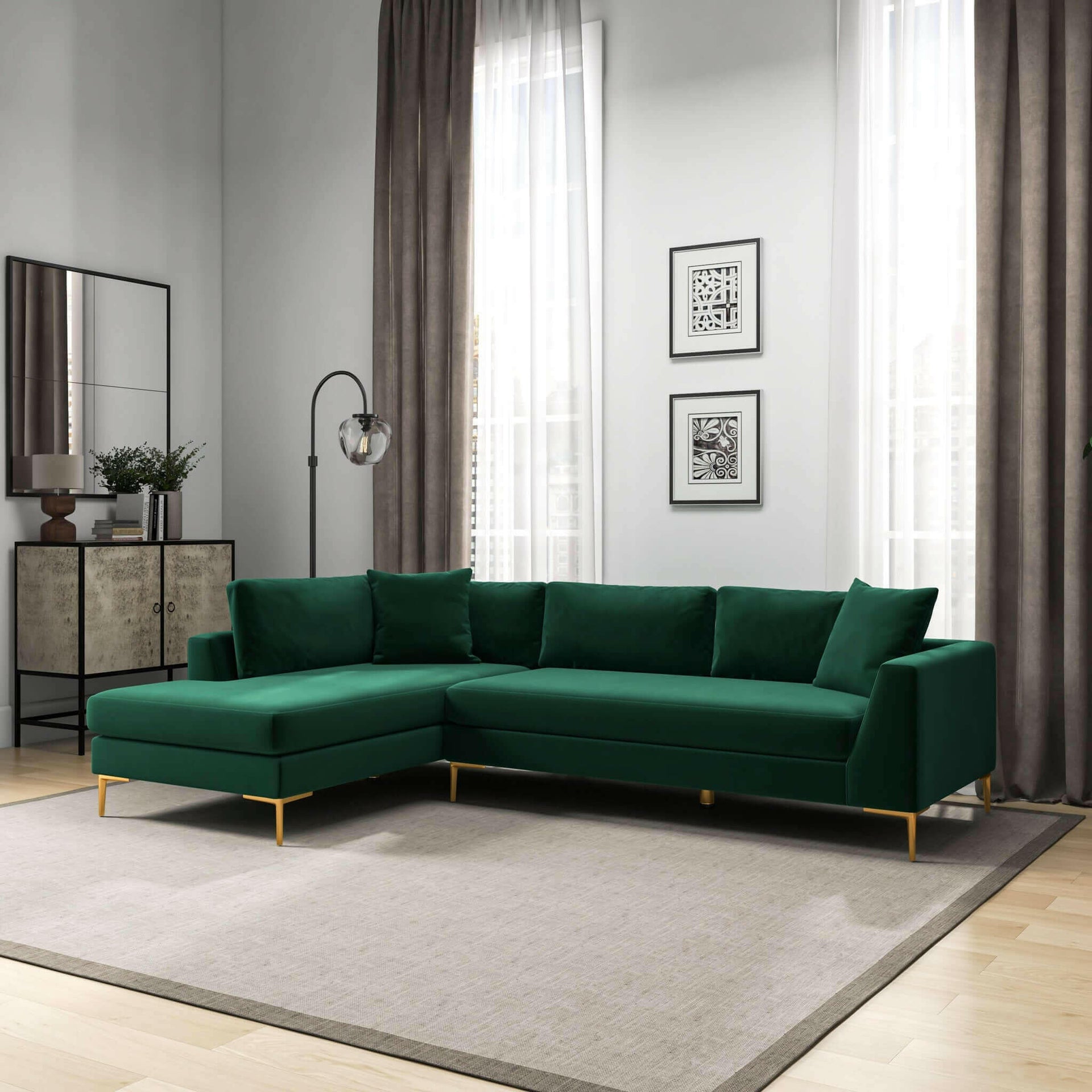 Mano L-Shaped Velvet Sectional Sofa In Green (Left Facing).