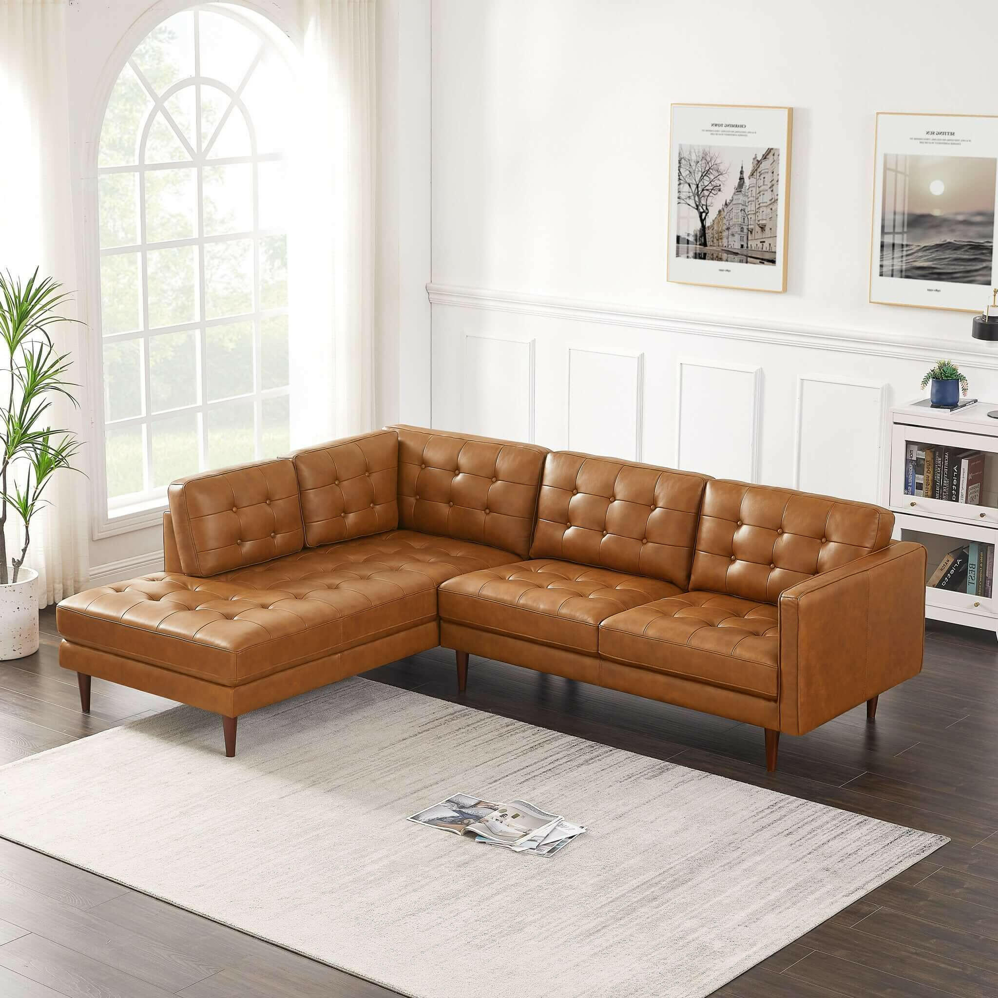 Lucco Genuine Leather Sectional In Cognac Tan (Left Facing).