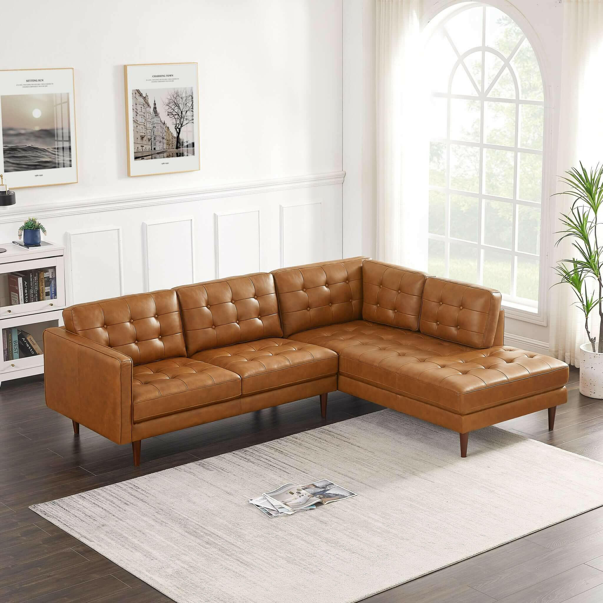 Lucco Genuine Leather Sectional In Cognac Tan (Right Facing).