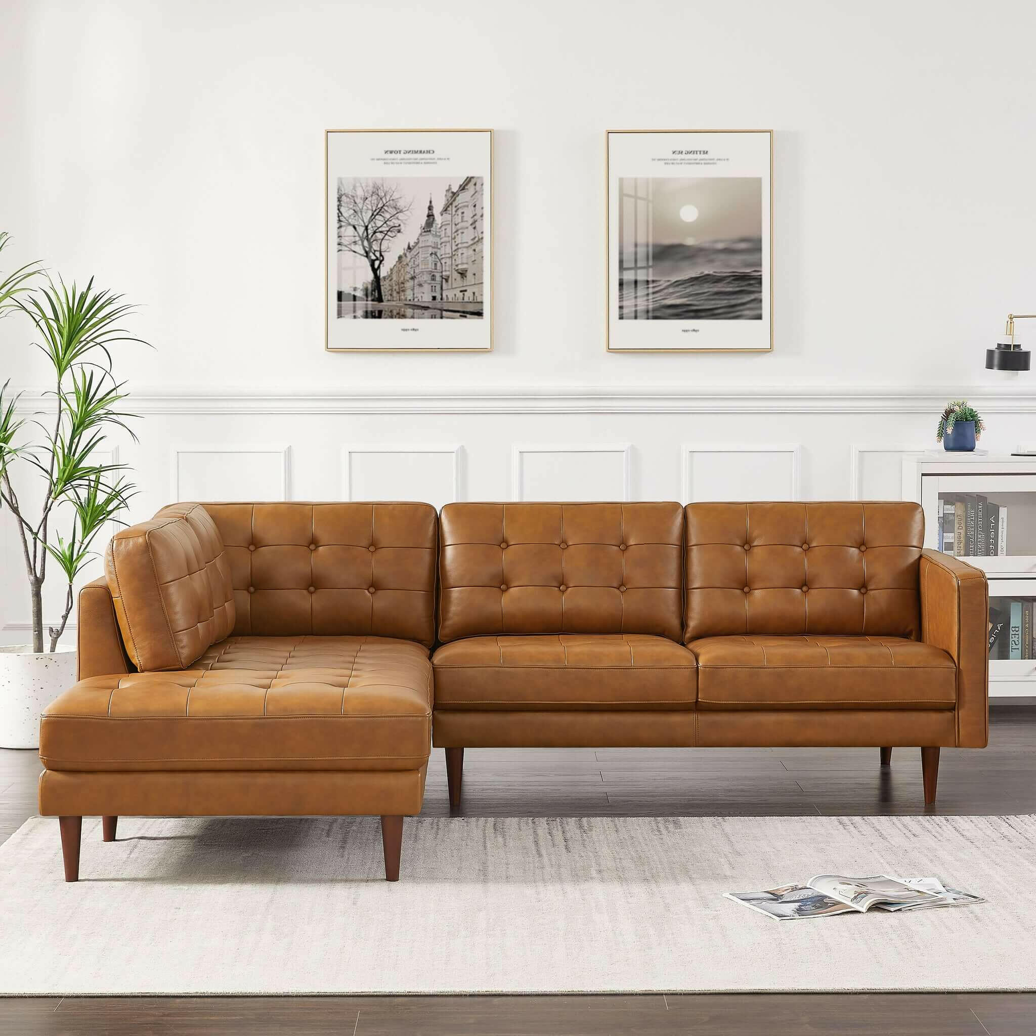 Lucco Genuine Leather Sectional In Cognac Tan (Left Facing).