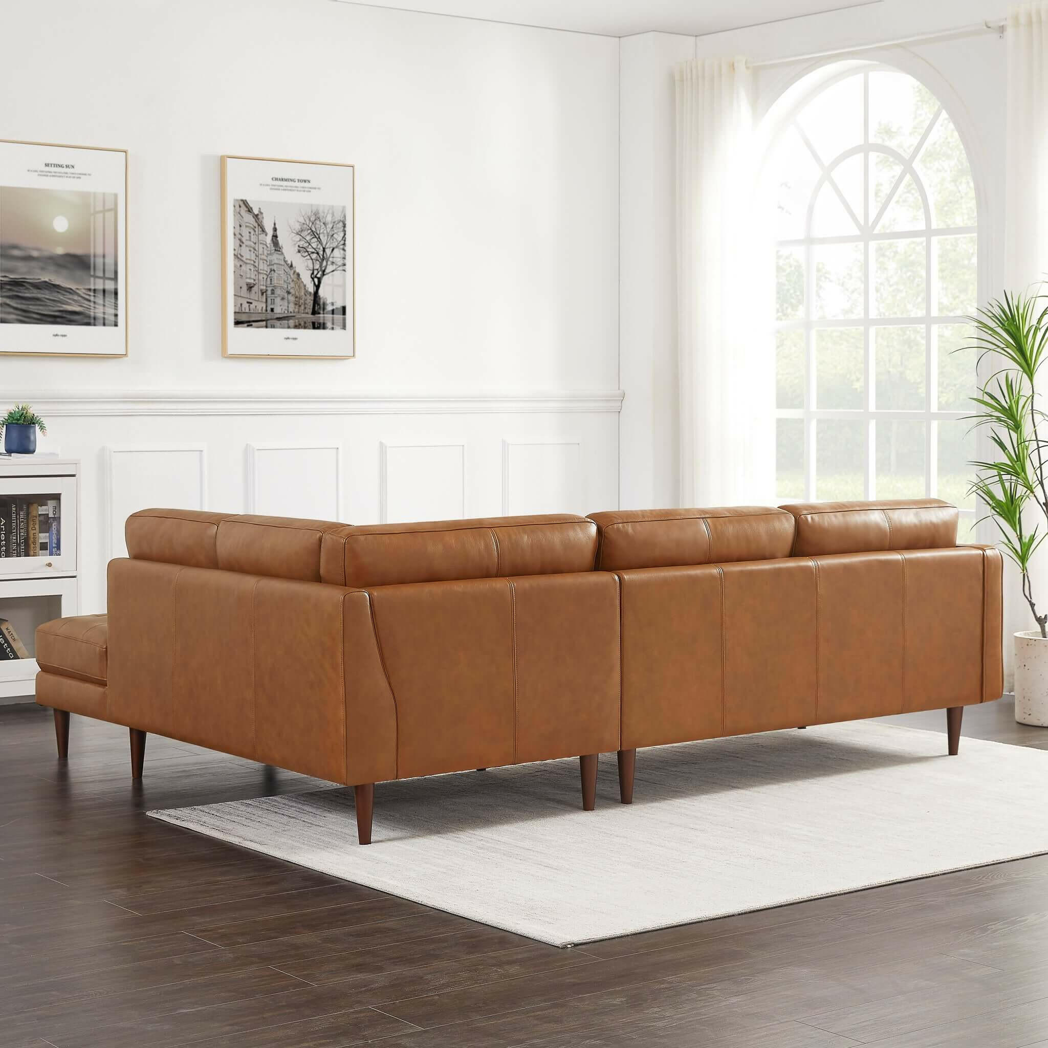 Lucco Genuine Leather Sectional In Cognac Tan (Right Facing).