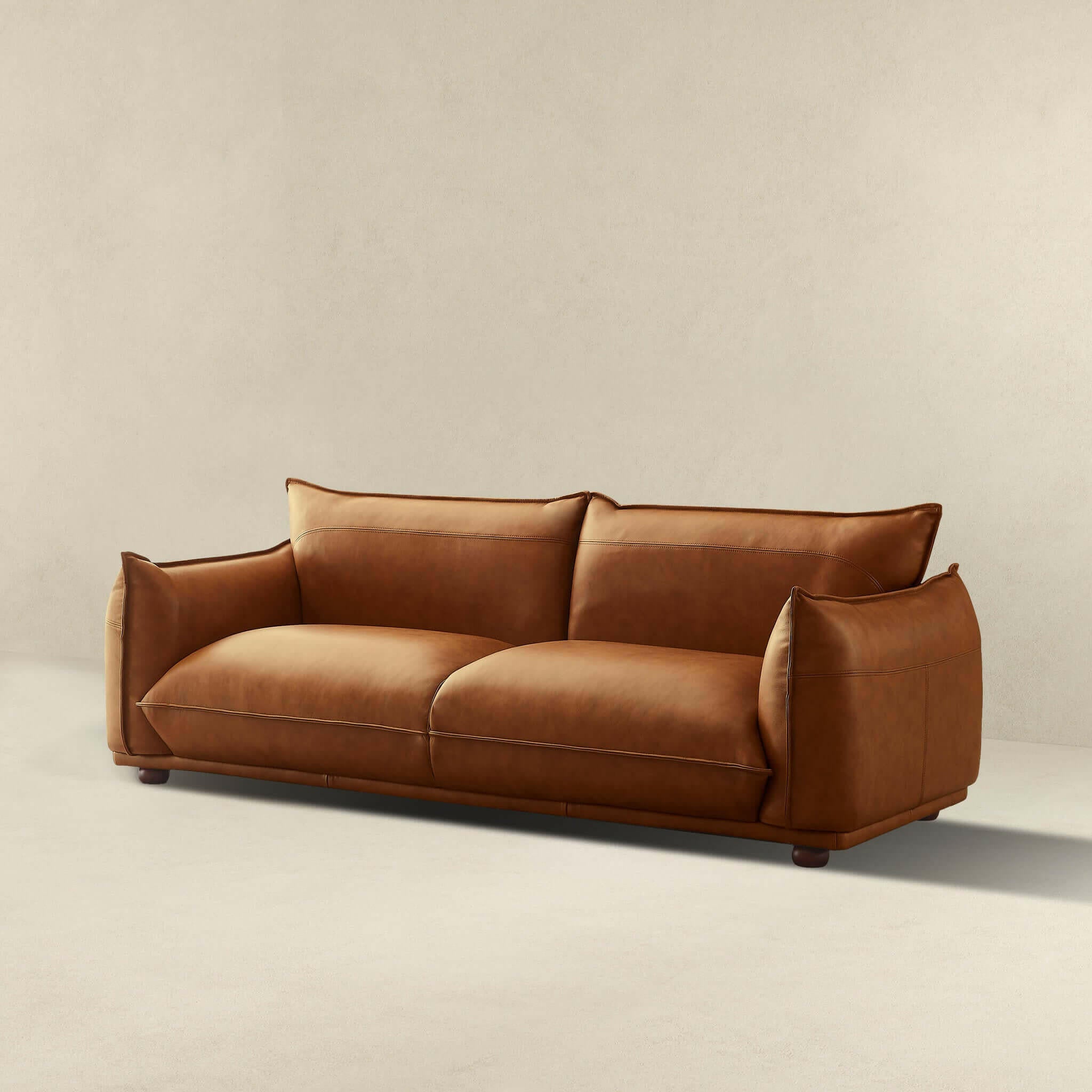 Emma Mid Century Modern Luxury Cognac Leather Sofa.