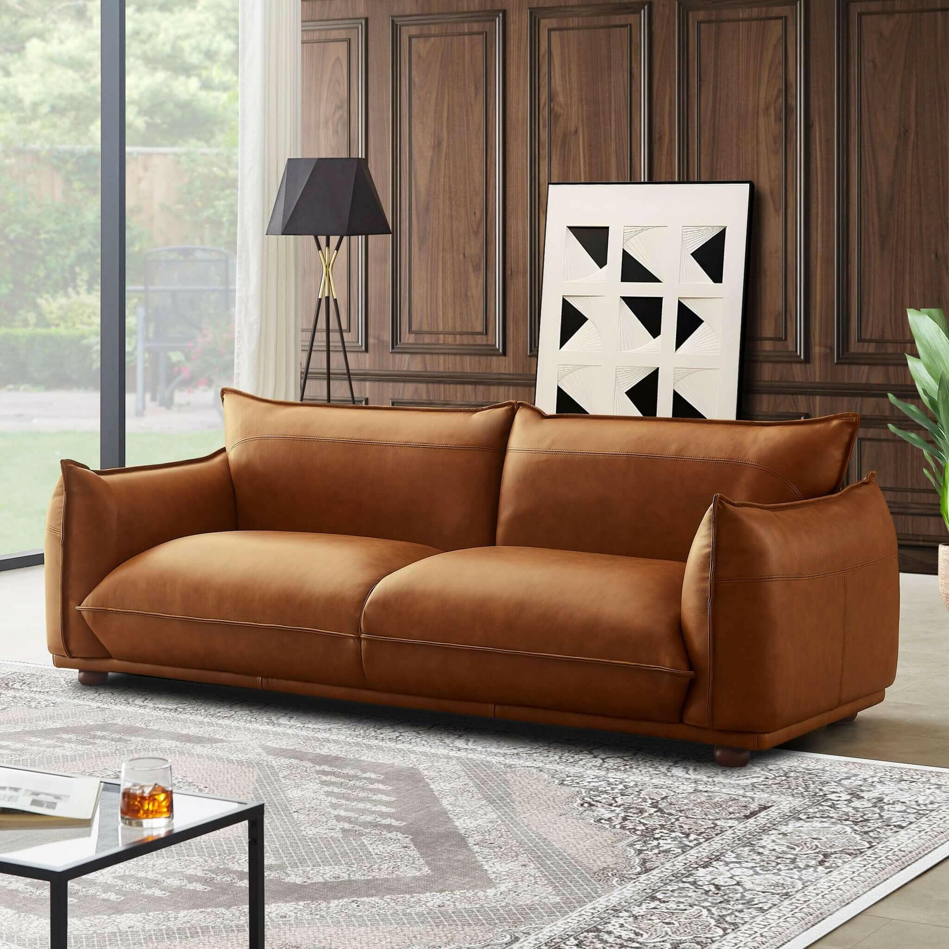 Emma Mid Century Modern Luxury Cognac Leather Sofa.