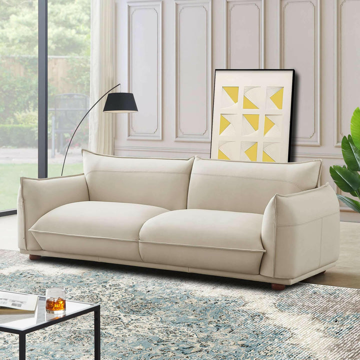 Emma Mid Century Modern Luxury Cream Leather Sofa.