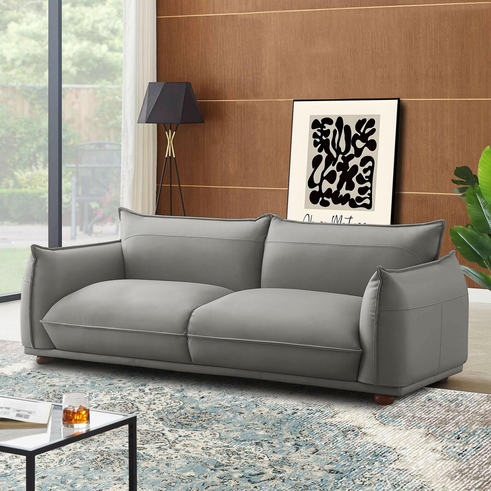 Emma Mid Century Modern Luxury Grey Leather Sofa.