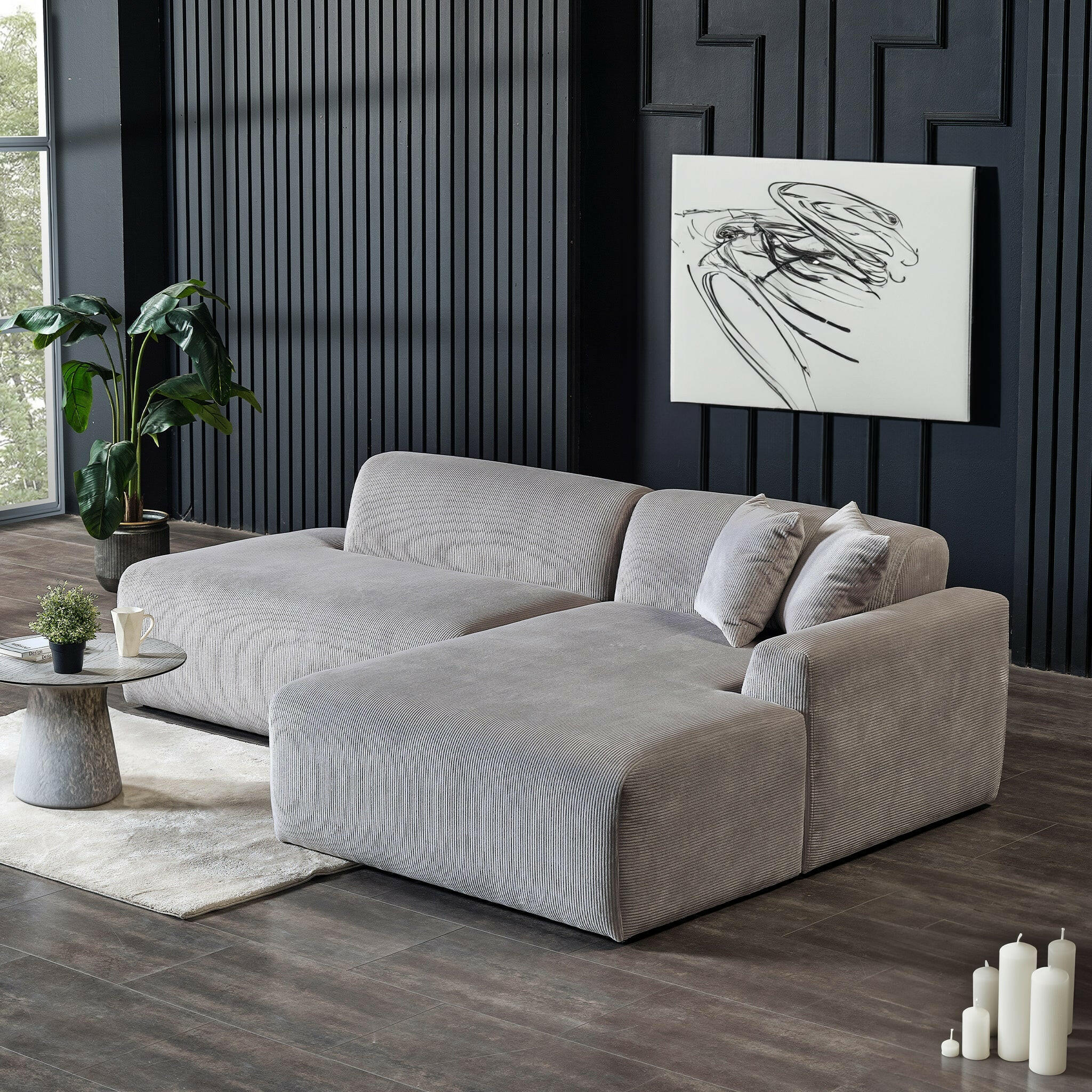 Mar Sectional Grey Corduroy Sofa (Right Facing).