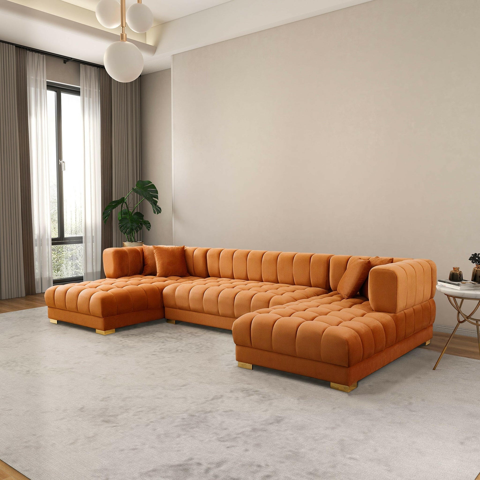 Marlow Cognac Velvet U Shape Corner Sofa.