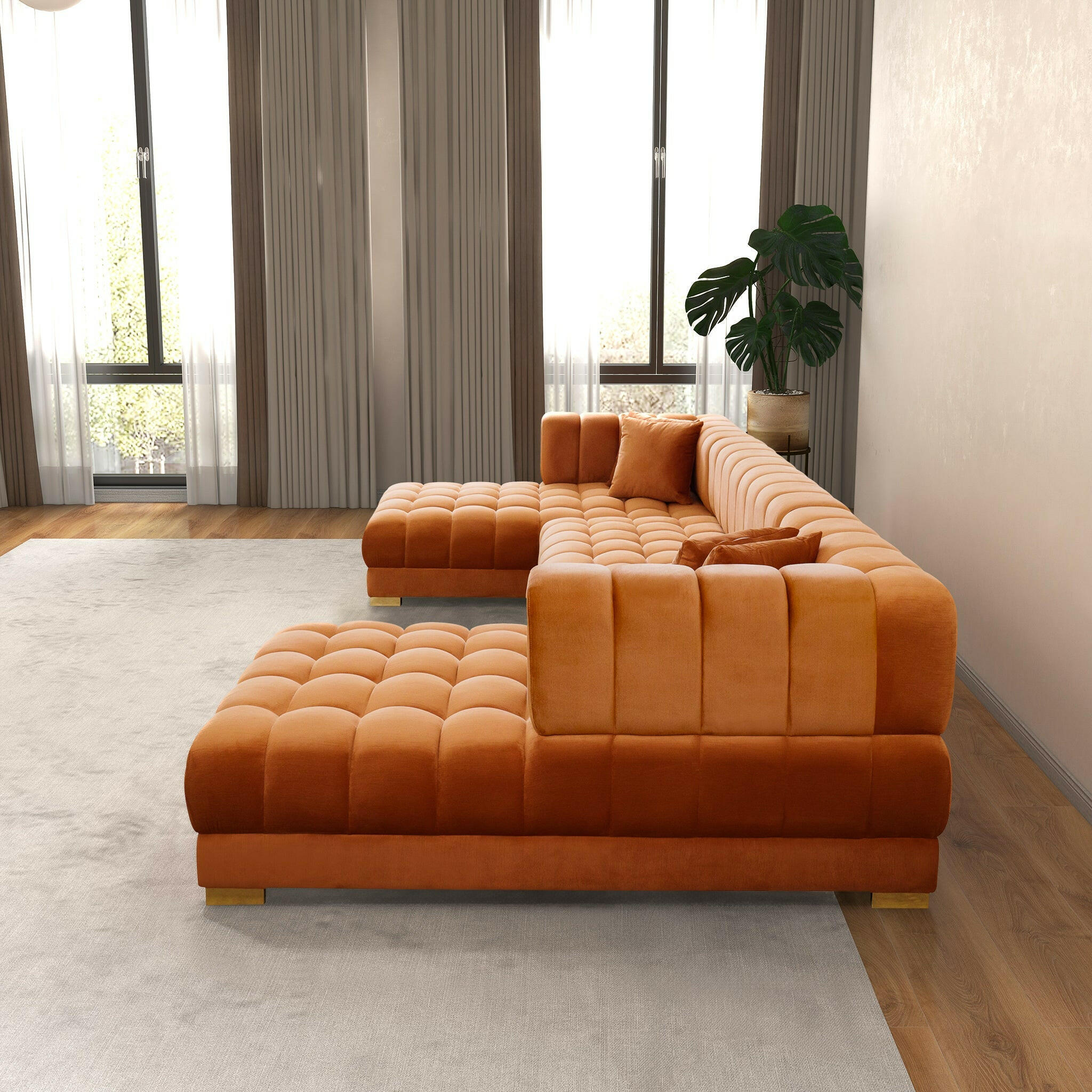 Marlow Cognac Velvet U Shape Corner Sofa.