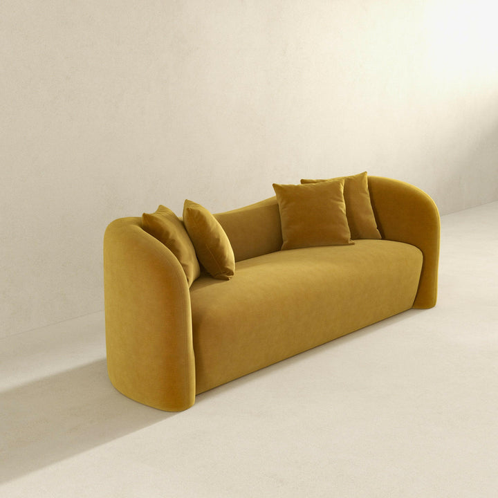 Mason Mid Century Modern Luxury Tight Back Curvy Gold Boucle Couch.