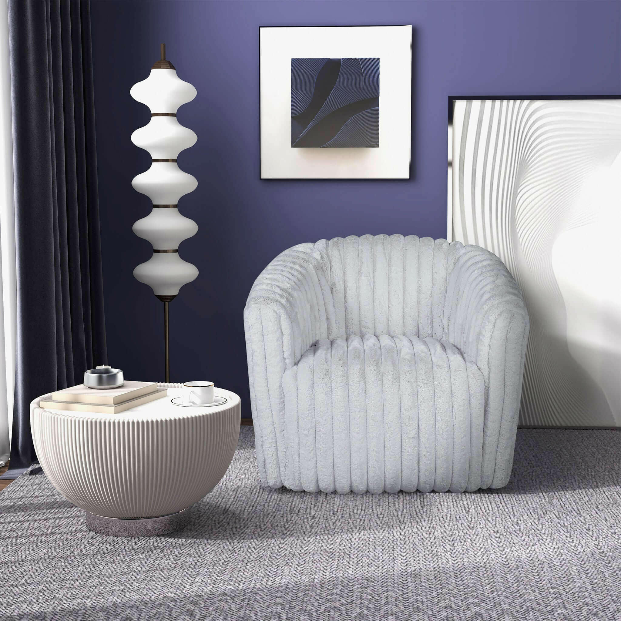 Mira Light Grey Soft Plush Fabric Swivel Chair.