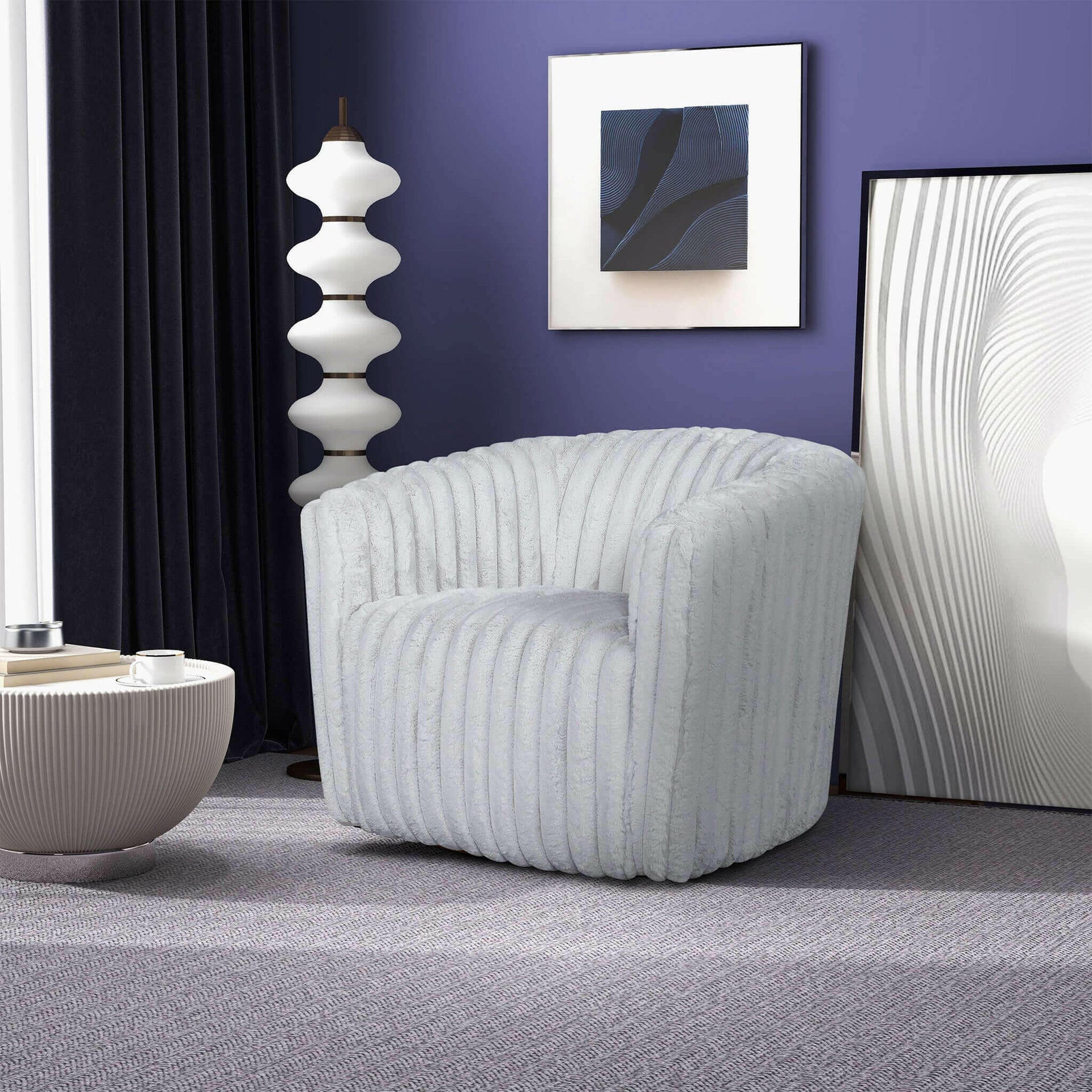 Mira Light Grey Soft Plush Fabric Swivel Chair.