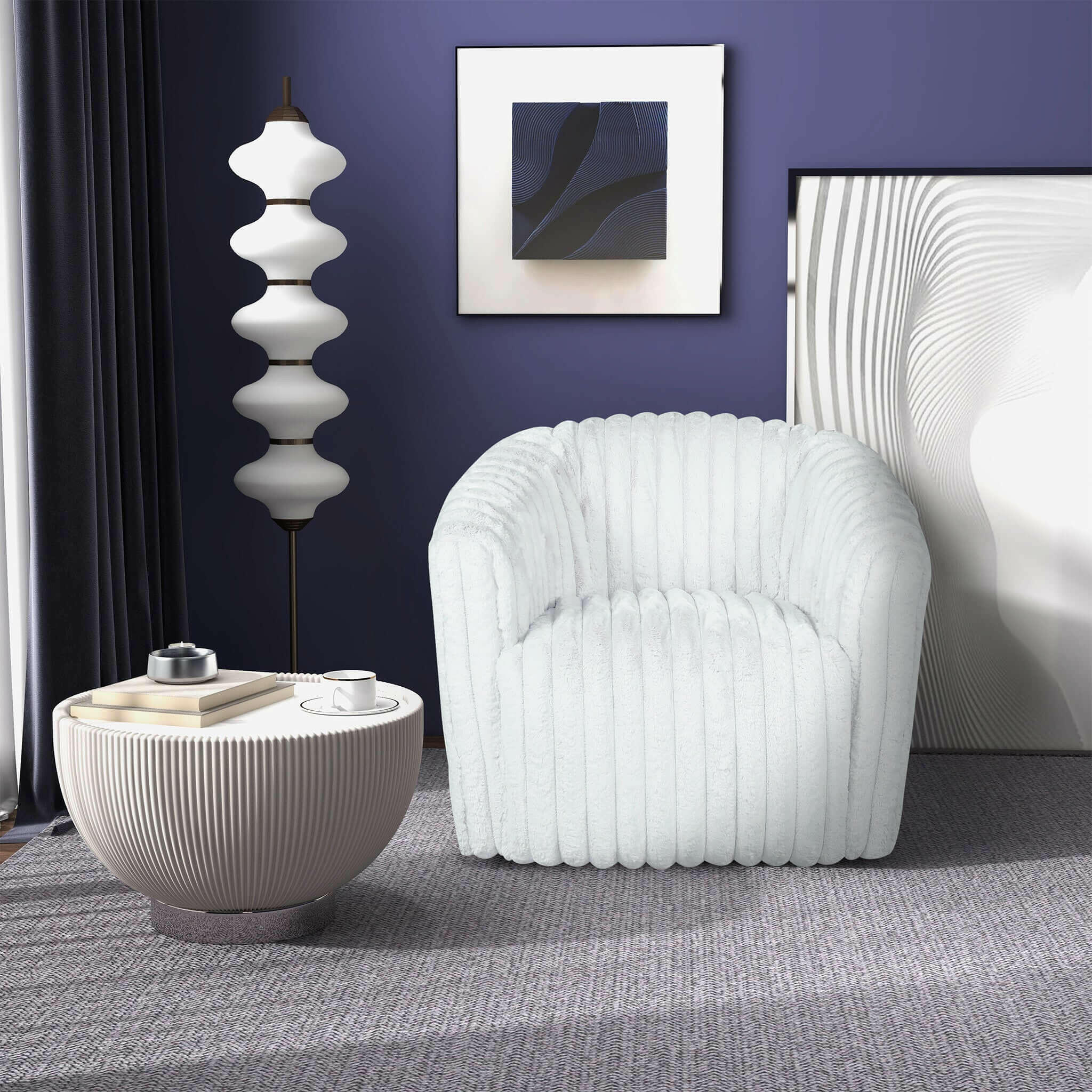 Mira White Soft Plush Fabric Swivel Chair.