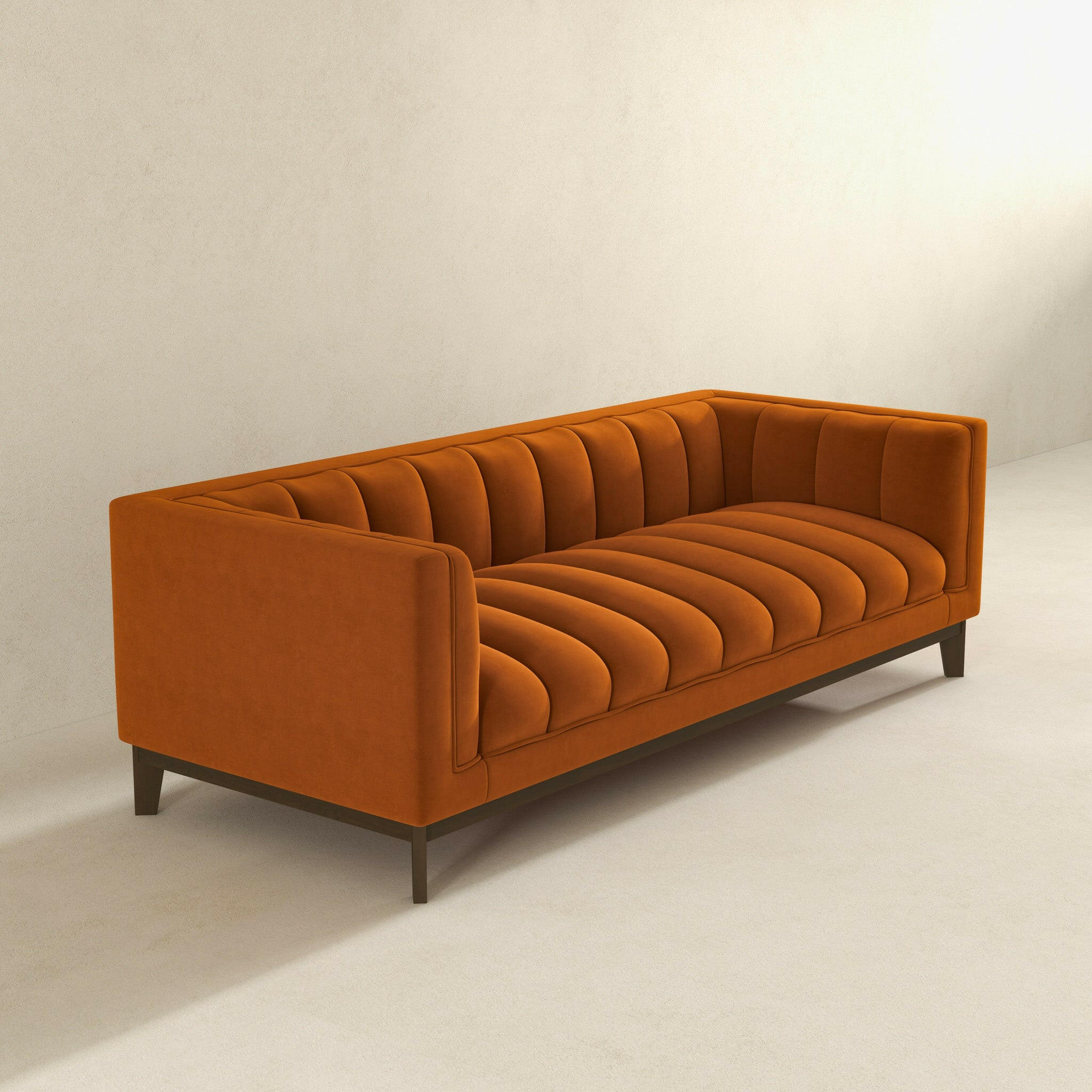 Melissa Mid-Century Orange Velvet Modern Sofa.