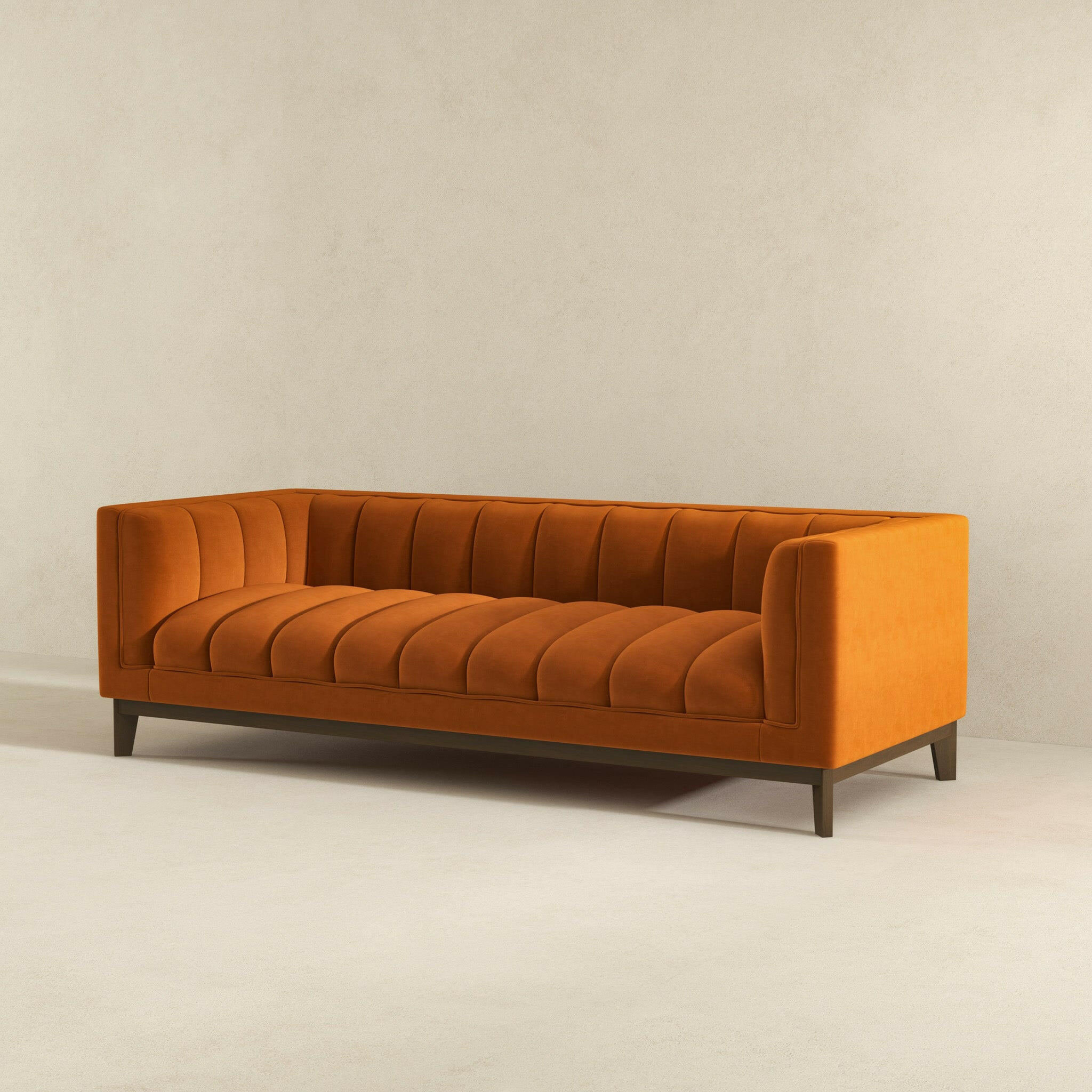 Melissa Mid-Century Orange Velvet Modern Sofa.