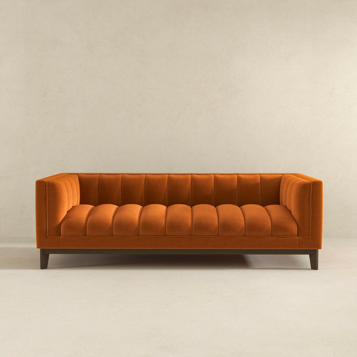 Melissa Mid-Century Orange Velvet Modern Sofa.