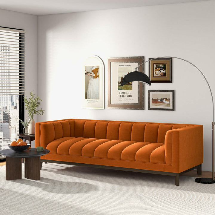 Melissa Mid-Century Orange Velvet Modern Sofa.