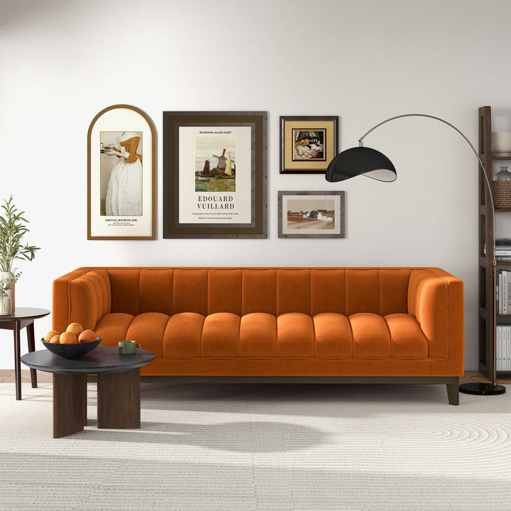 Melissa Mid-Century Orange Velvet Modern Sofa.