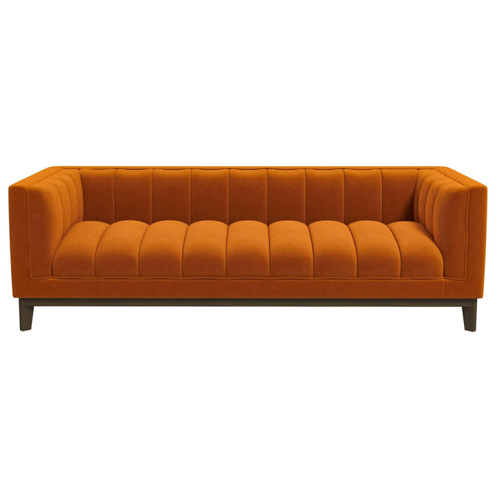 Melissa Mid-Century Orange Velvet Modern Sofa.