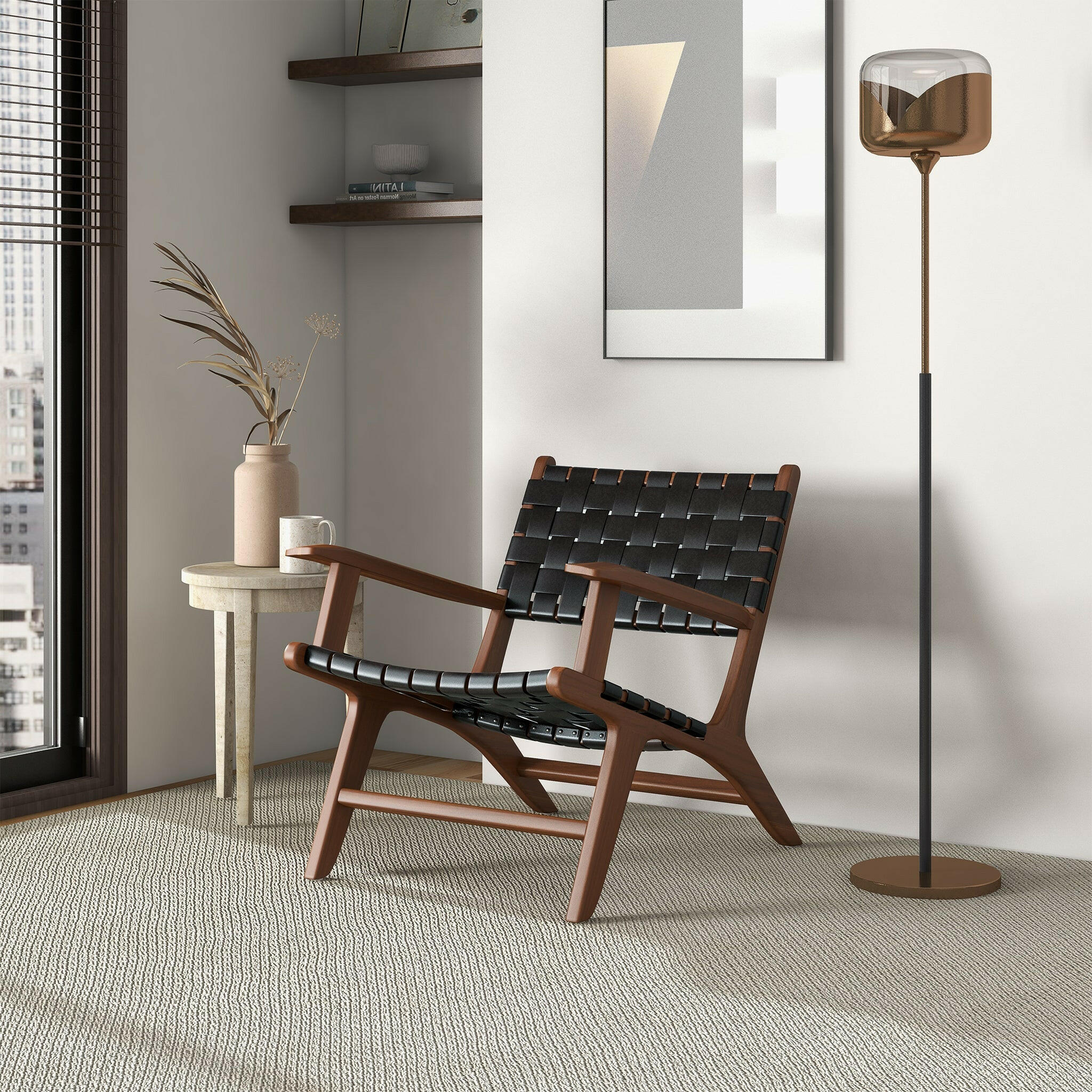 Melody Black Strap Leather Teak Wood Lounge Chair.