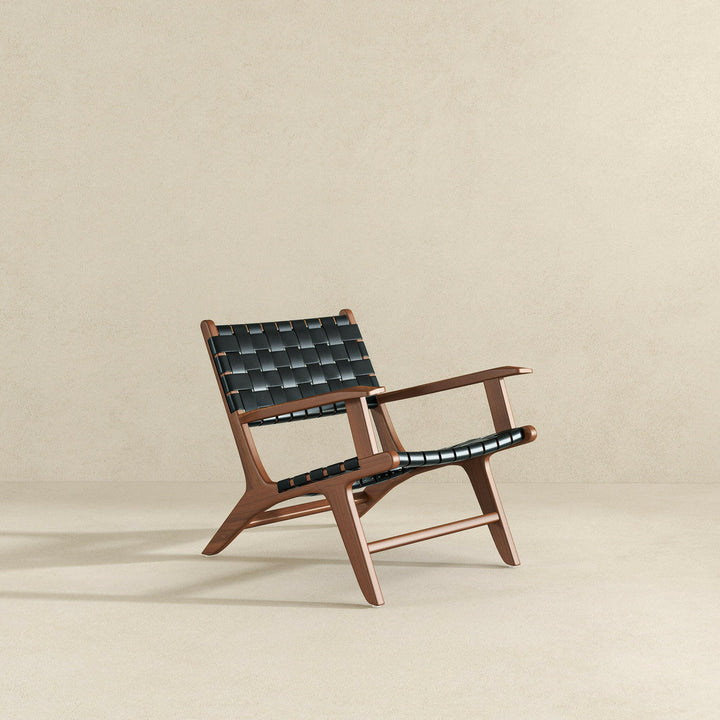 Melody Black Strap Leather Teak Wood Lounge Chair.