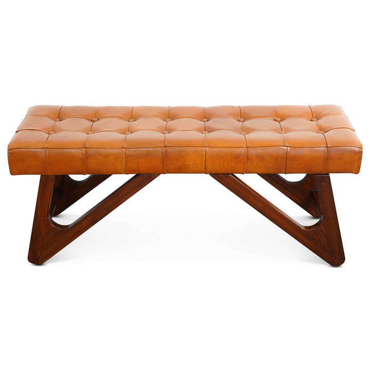 Mia Tan Leather Bench With Buttons.