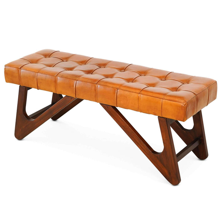 Mia Tan Leather Bench With Buttons.