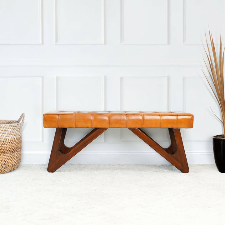 Mia Tan Leather Bench With Buttons.