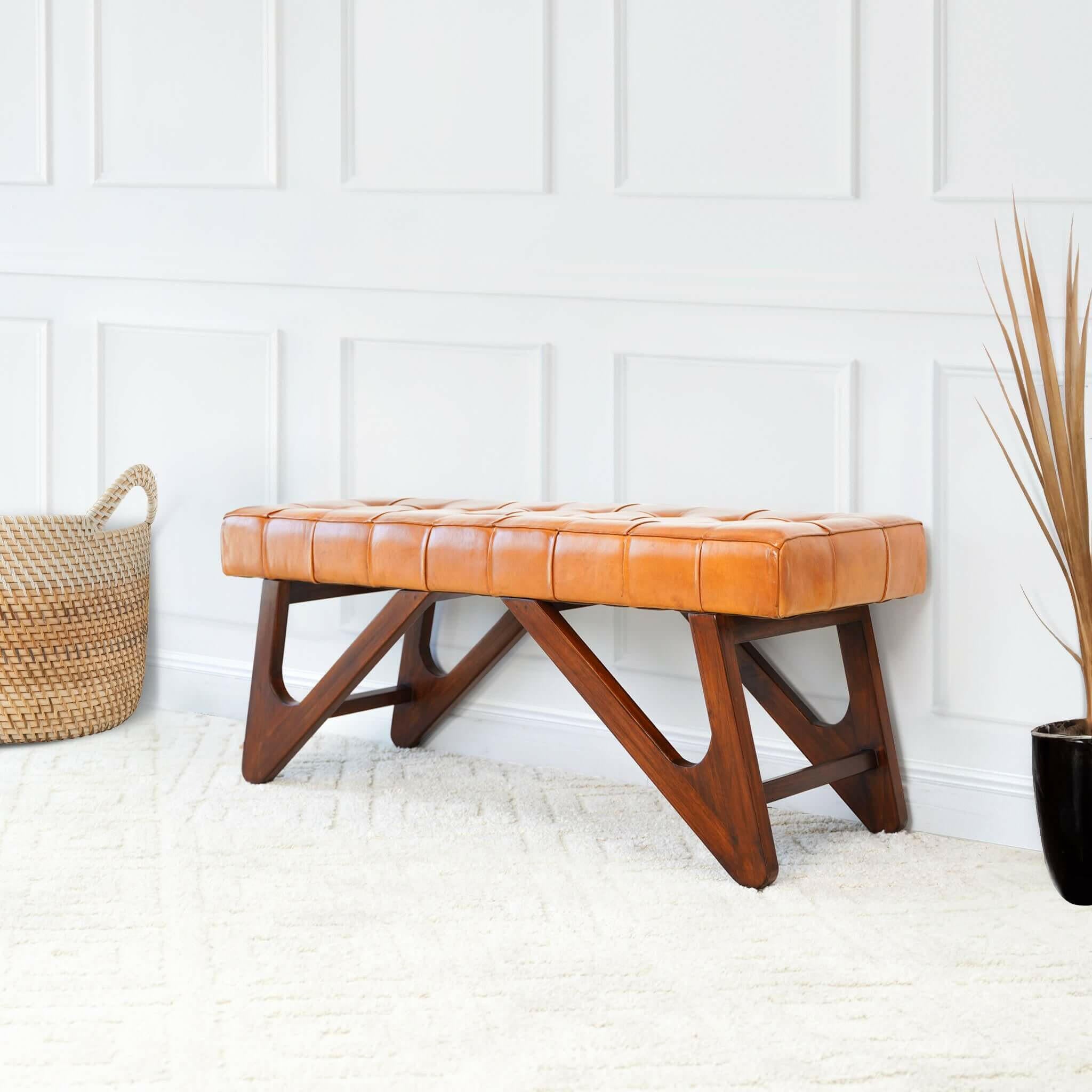 Mia Tan Leather Bench With Buttons.