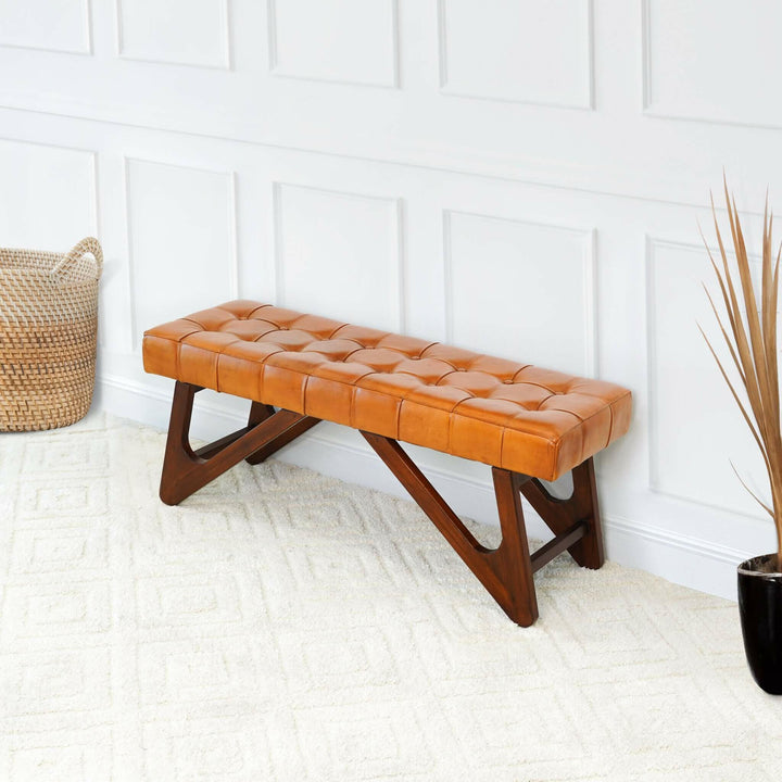 Mia Tan Leather Bench With Buttons.