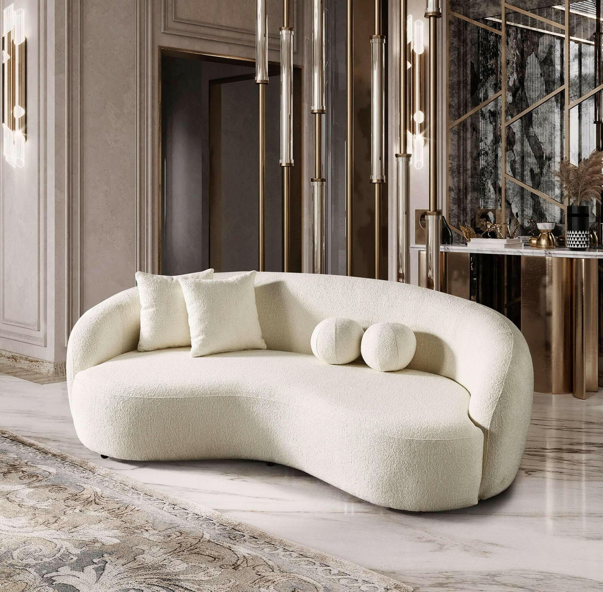 Drake Japandi Style Curvy Boucle Sofa.