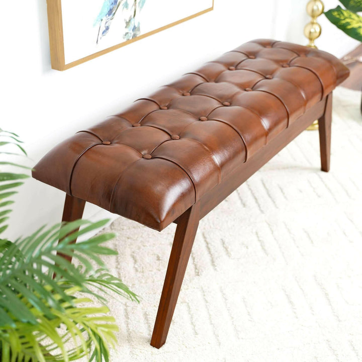 Maja Mid Century Modern Tan Leather Bench.