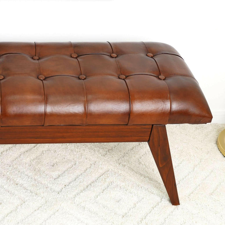 Maja Mid Century Modern Tan Leather Bench.